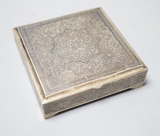 A Persian engraved white metal and niello cigarette box, stamped 84, 11.9cm, gross 12.5oz.